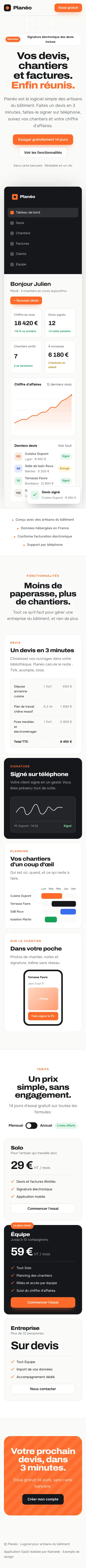 Landing page du logiciel Planéo sur téléphone